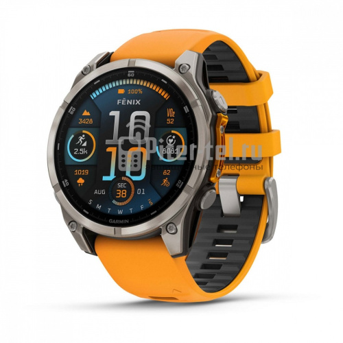 Умные часы Garmin Fenix 8 47mm Amoled Sapphire Lens DLC Титановый с оранжевый ремешком — фото 1
